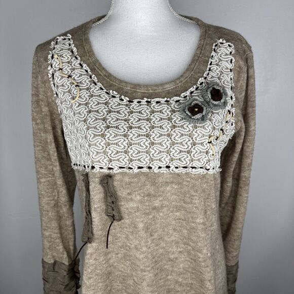 Scared Threads Tunic Sweater Sz M Crochet Boho Cottage Core Lagenlook Artsy - Picture 2 of 10